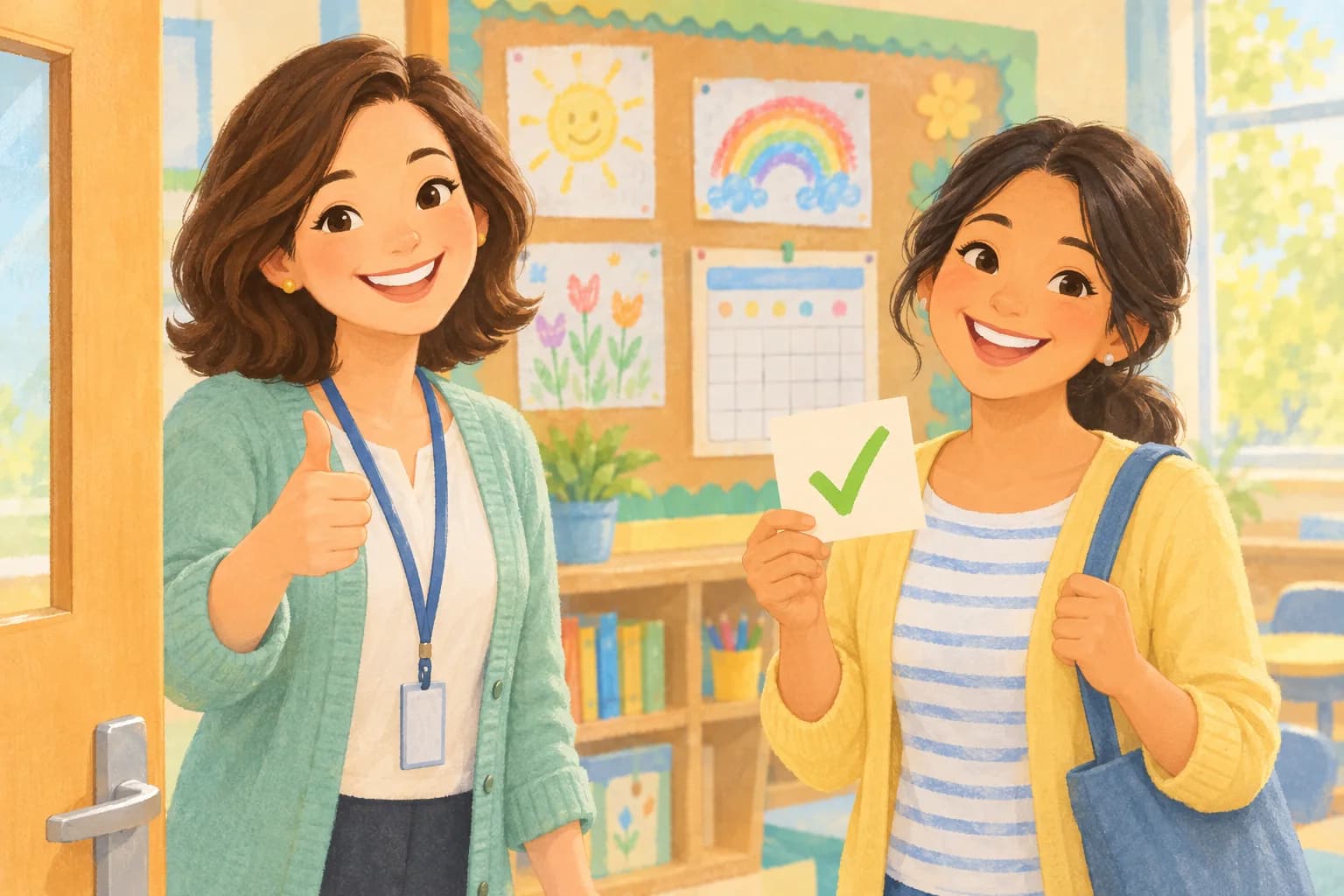 A teacher gives a thumbs-up as a room parent holds up an approved class note