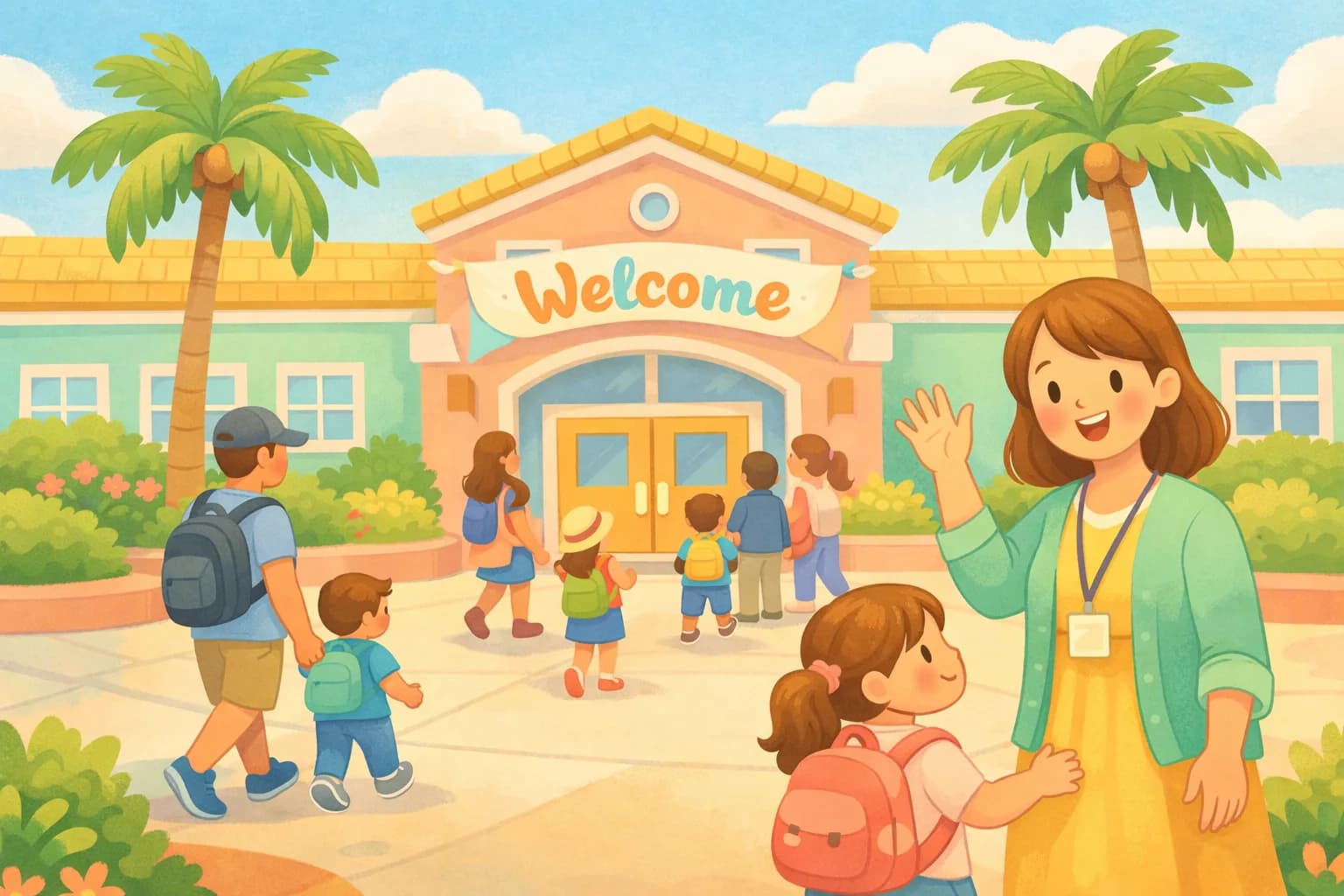 Families arriving at a sunny elementary school