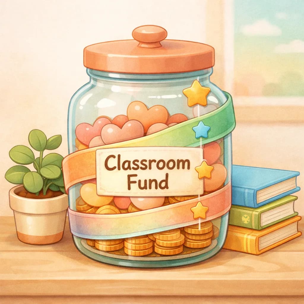 A classroom fund jar filled with hearts