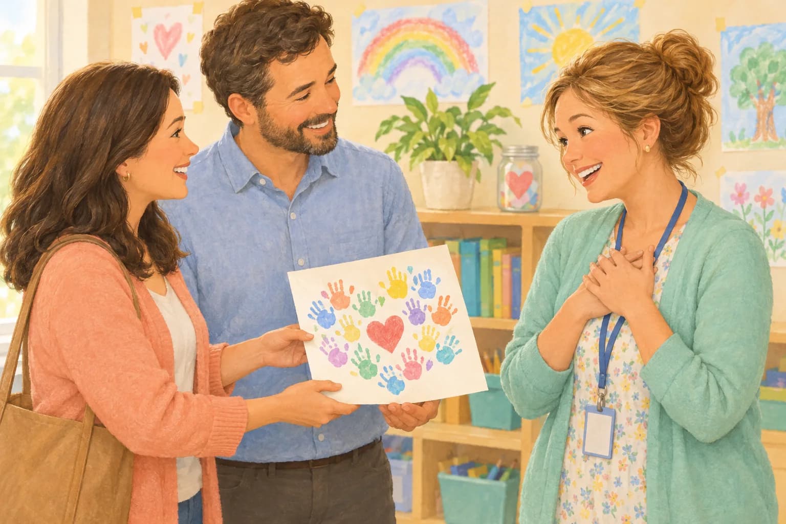 Two parents giving a teacher a class card covered in children's handprints
