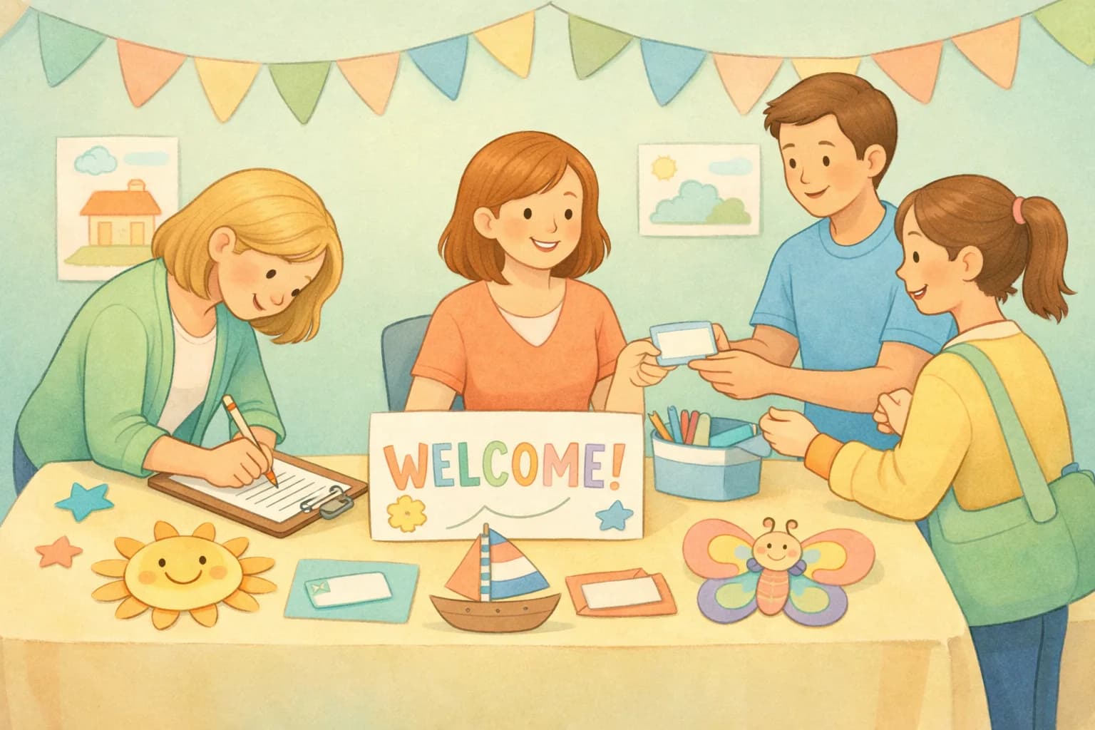 Parents volunteering at a school welcome table
