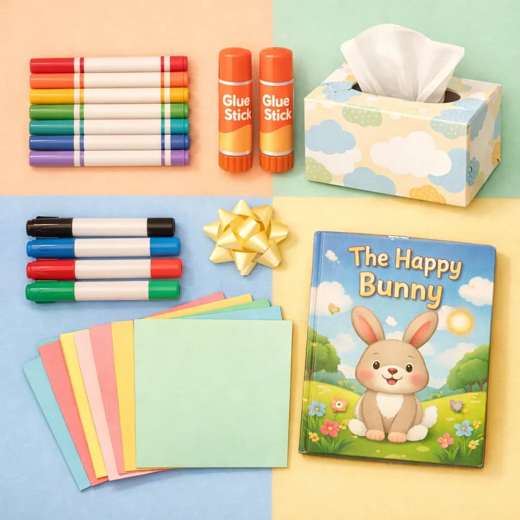 A flat-lay of classroom supplies